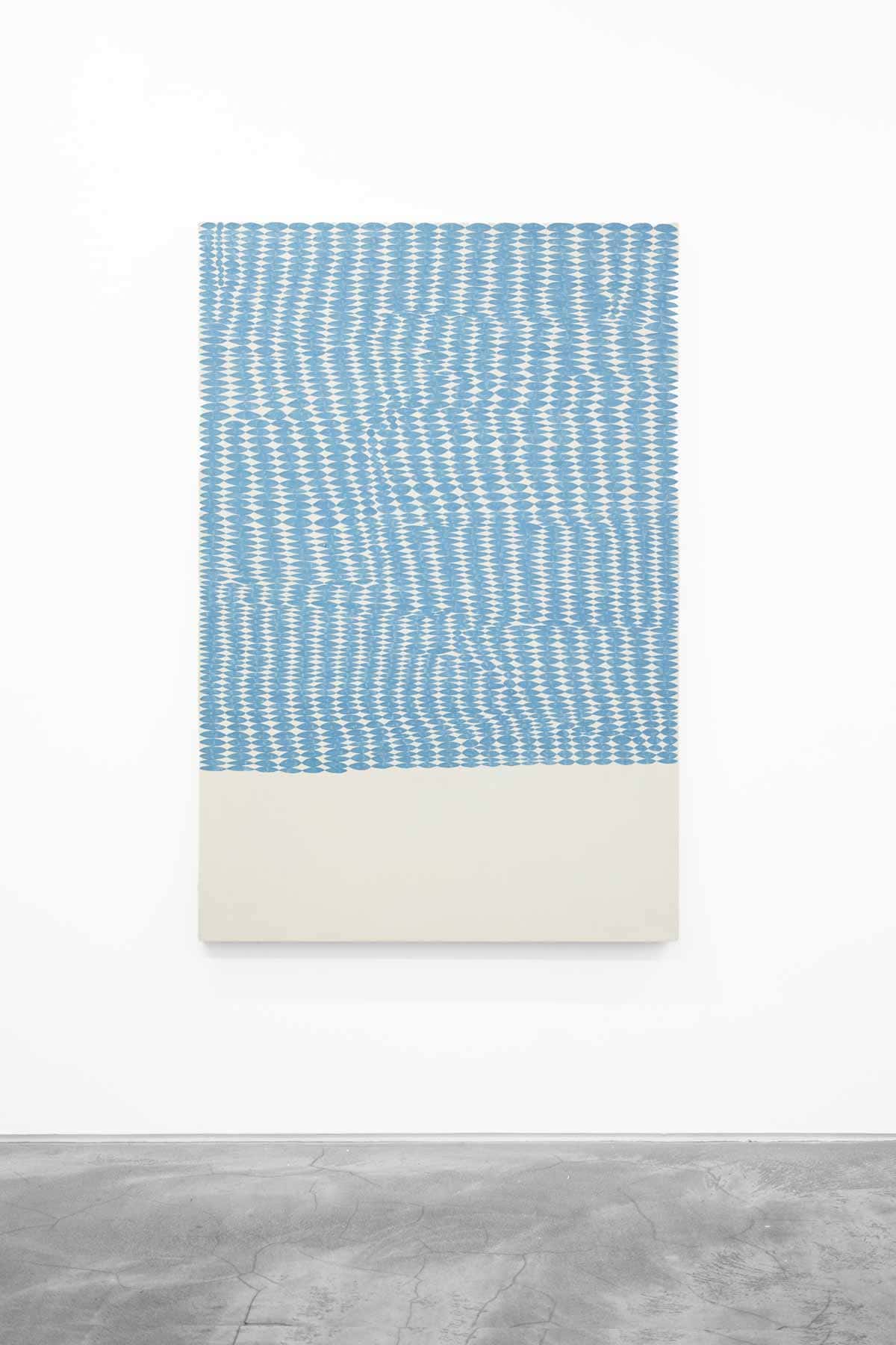 Abstract painting with a cream background and blue pattern.