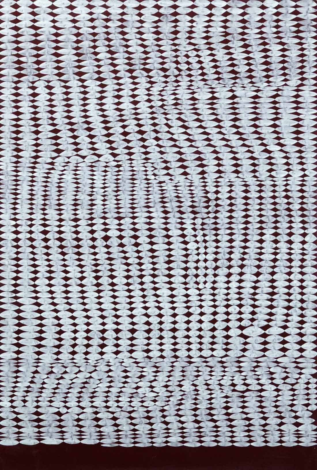 Abstract painting with a dark background and white pattern.