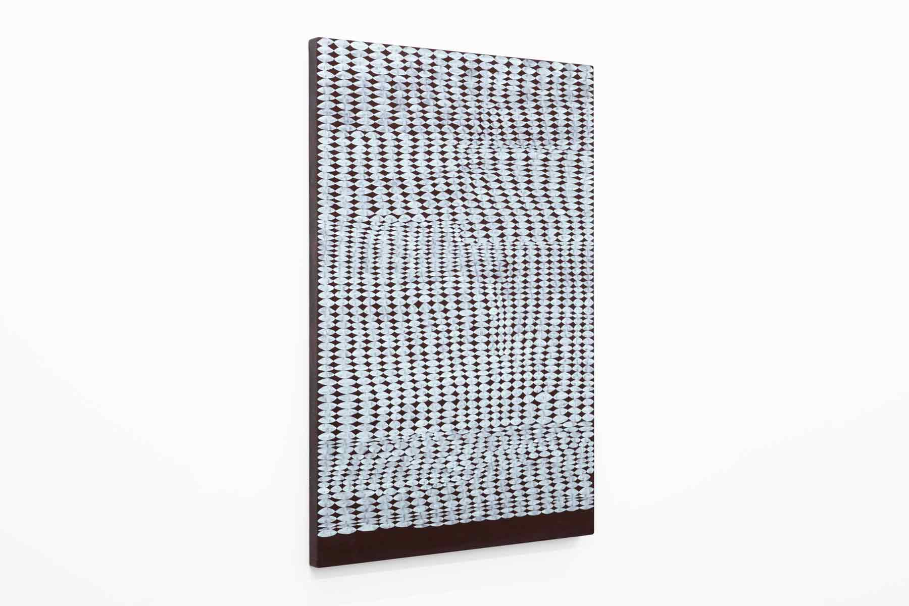 Abstract painting with a dark background and white pattern.