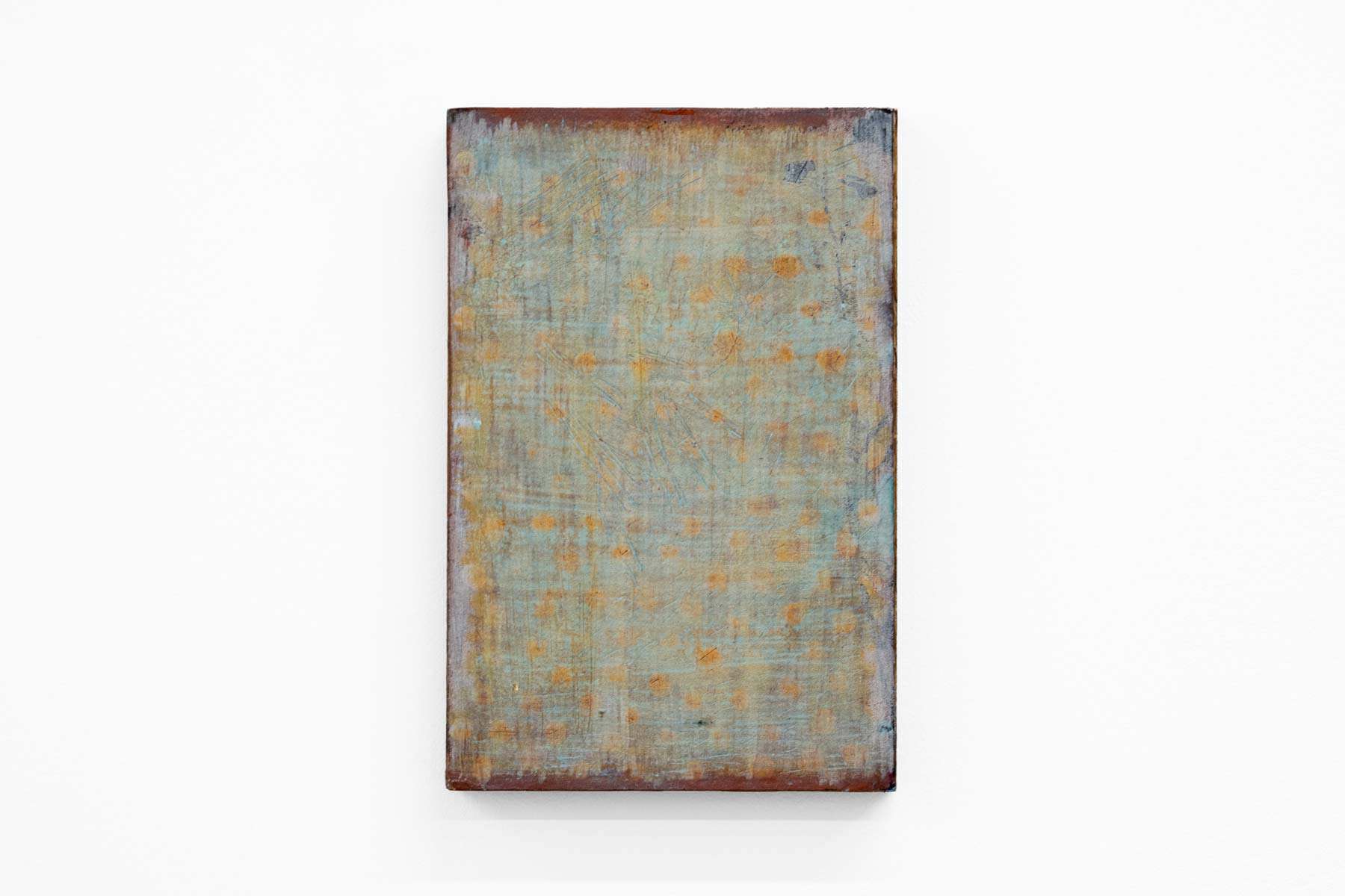 Abstract painting of blue and orange on paper and wood.