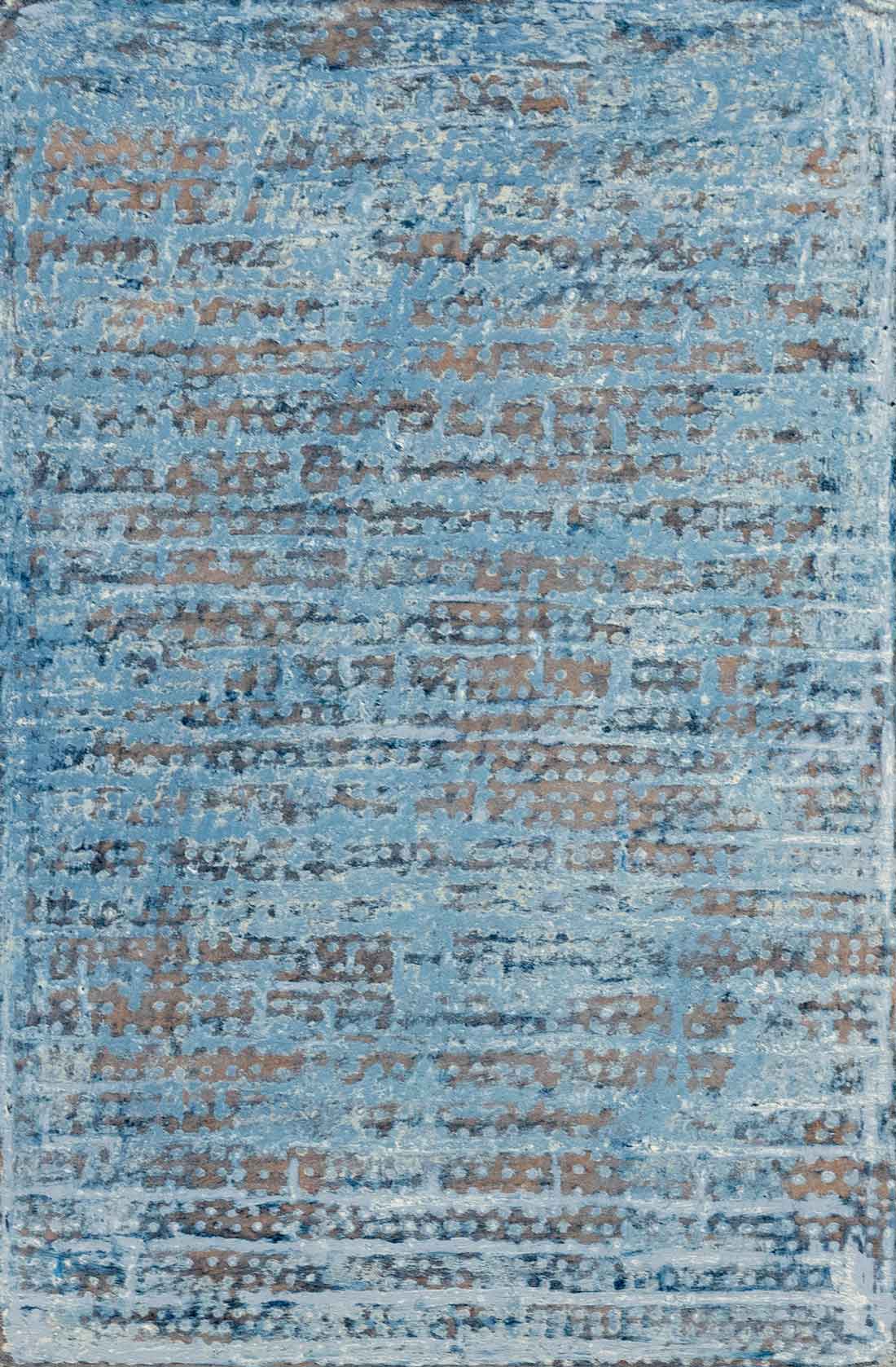Abstract painting of speckled blue on paper and wood.