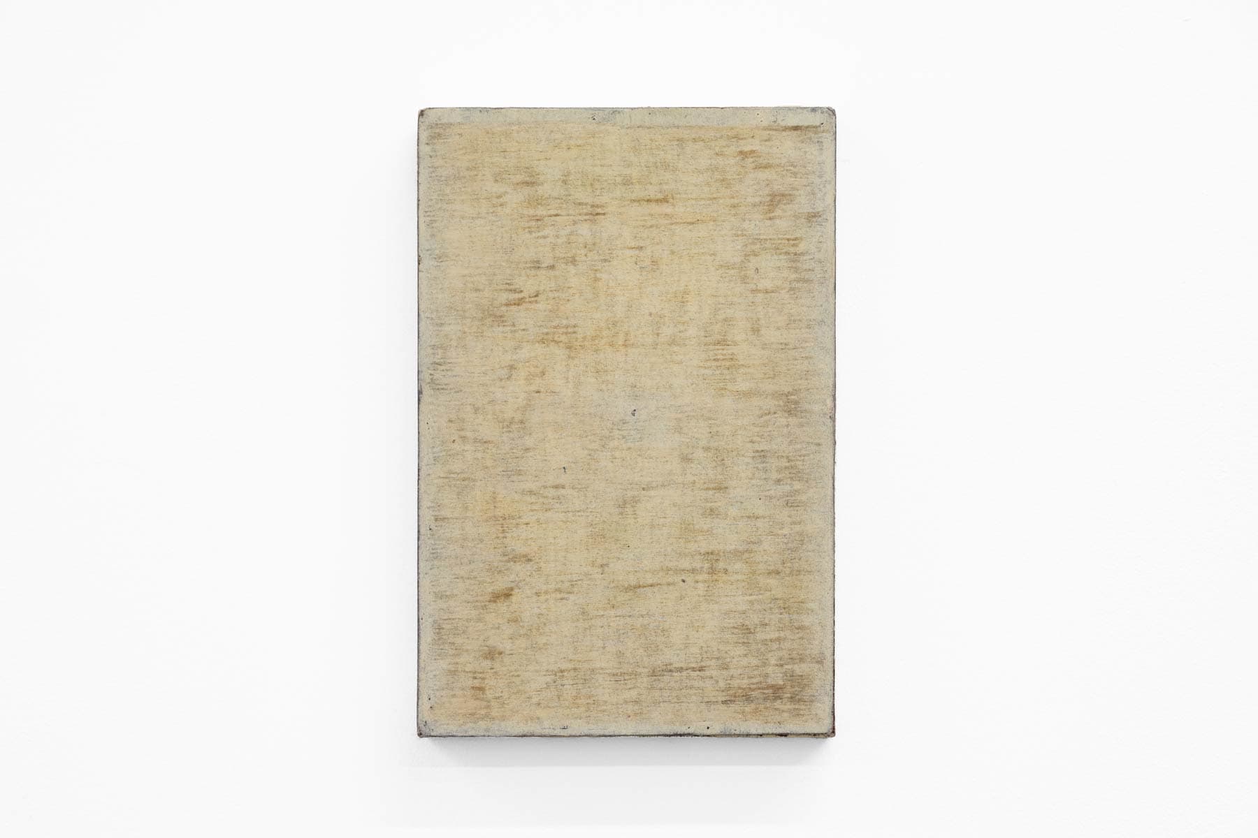 Abstract painting of neutral colours on paper and wood.