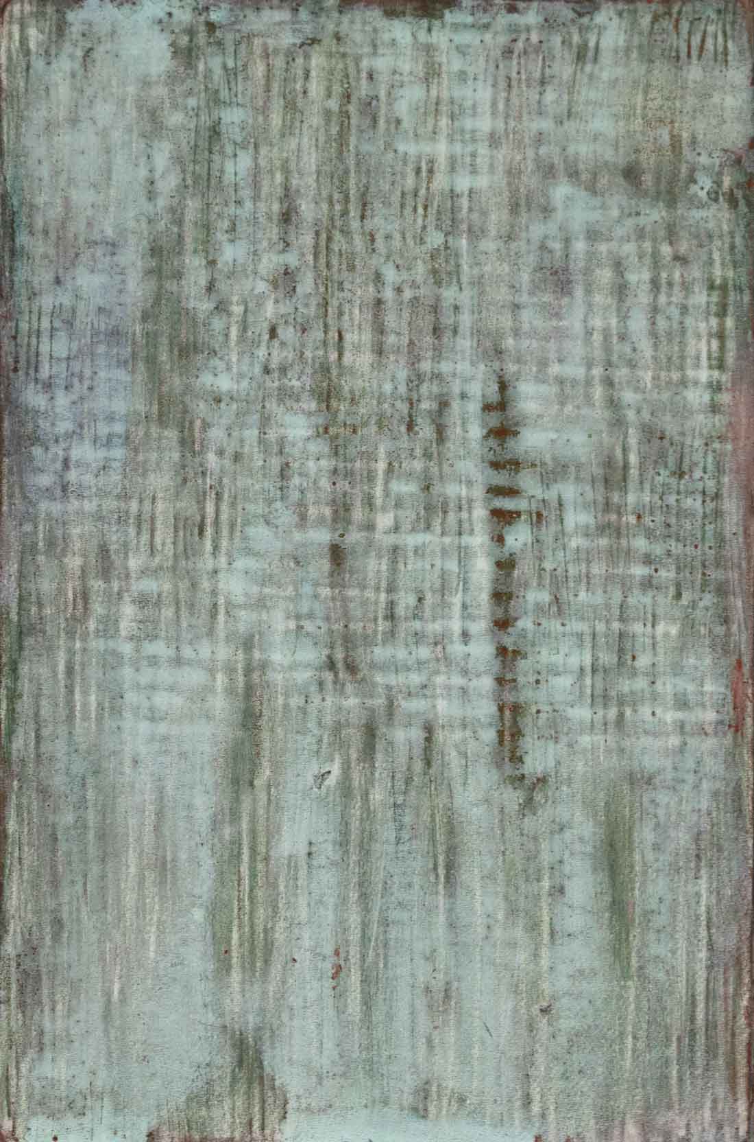 Abstract painting of green and blue on paper and wood.