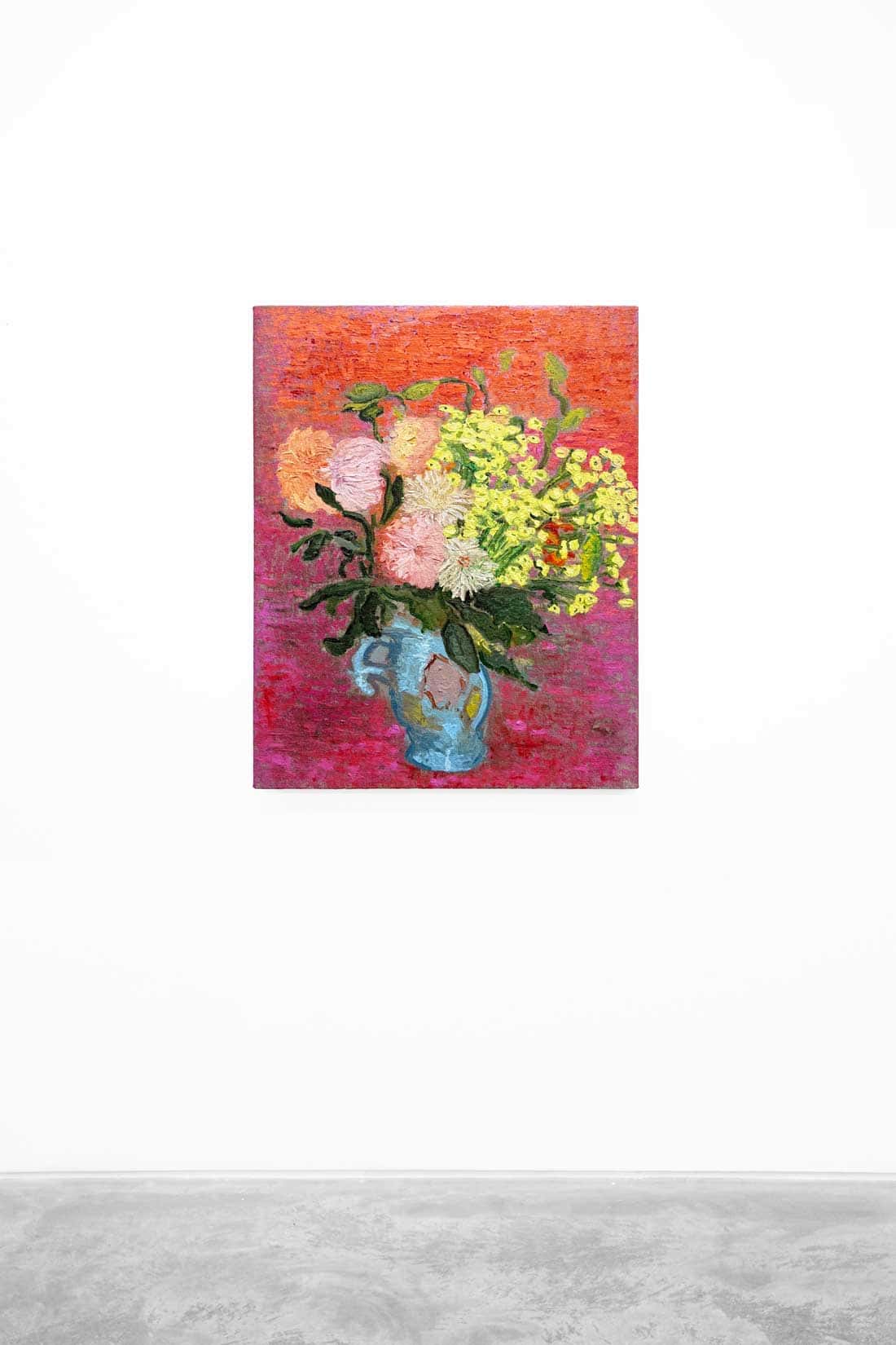 Painting of a blue vase with yellow and pink flowers.