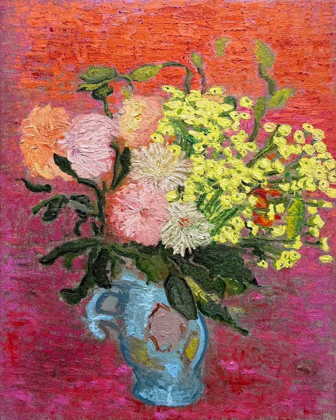 Painting of a blue vase with yellow and pink flowers.