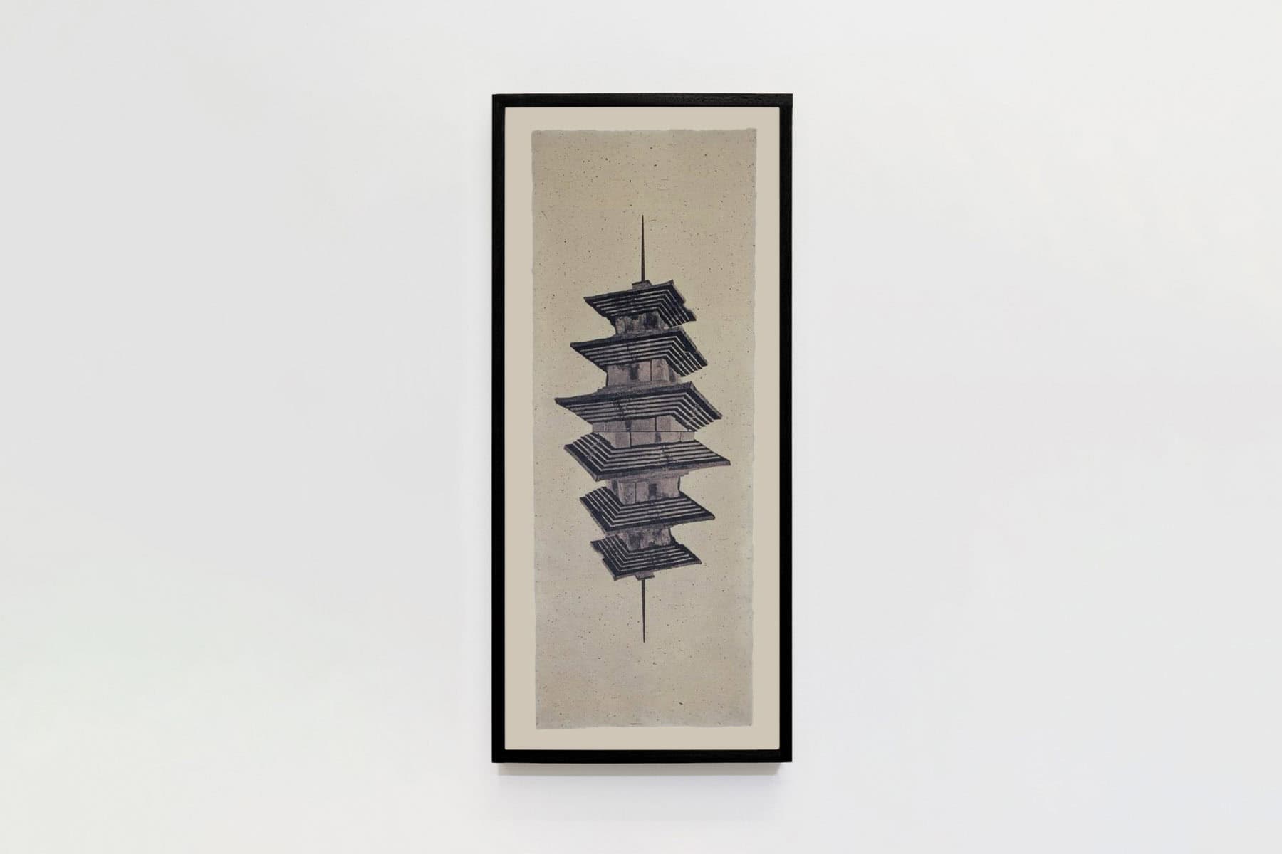 Black and white manipulated image of a pagoda.