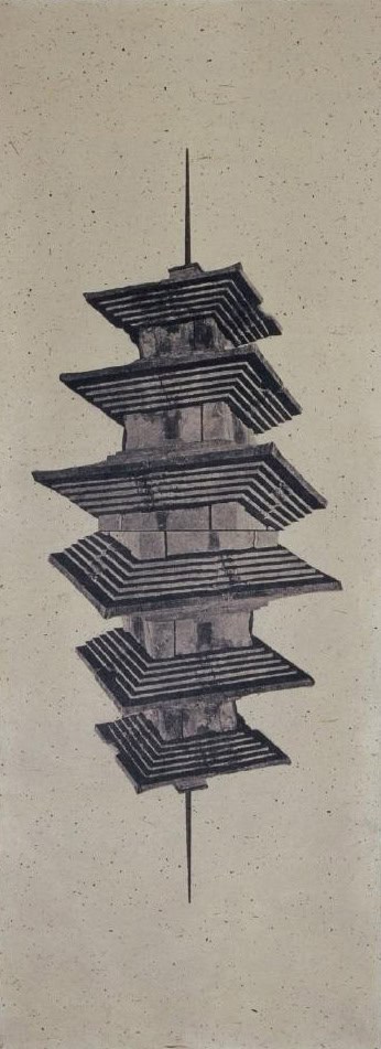 Black and white manipulated image of a pagoda.