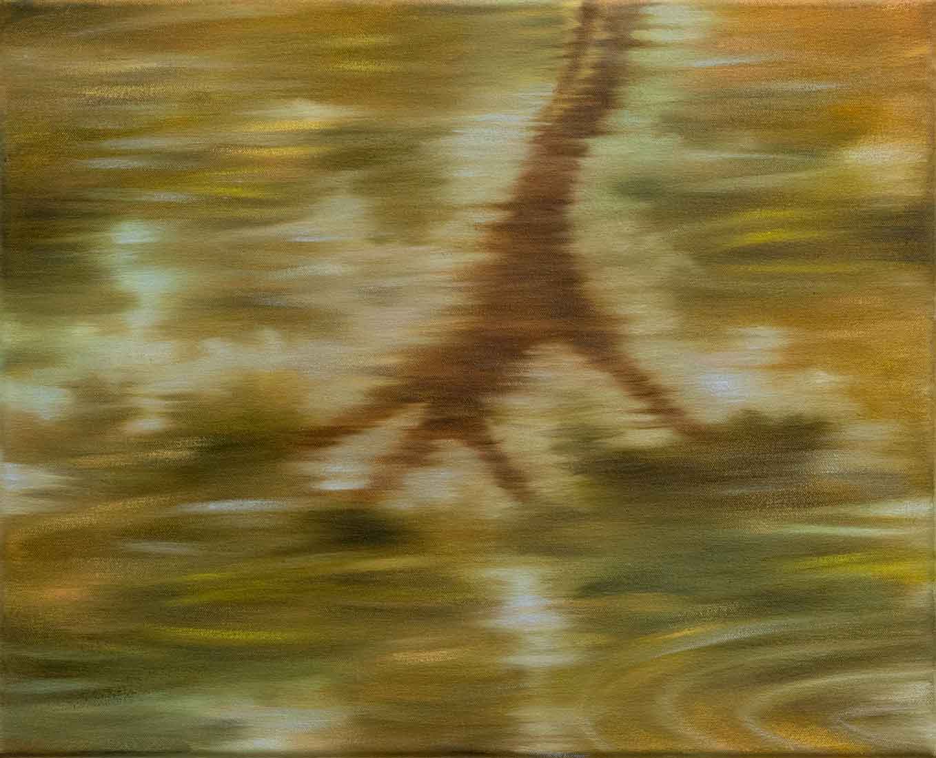 Painting of a tree canopy reflected in water.