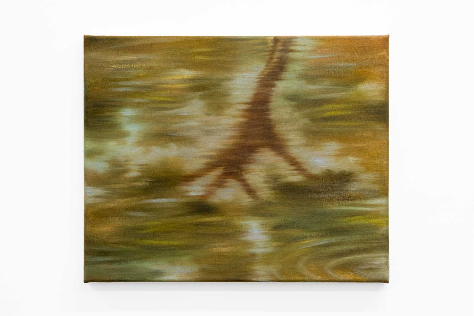 Painting of a tree canopy reflected in water..