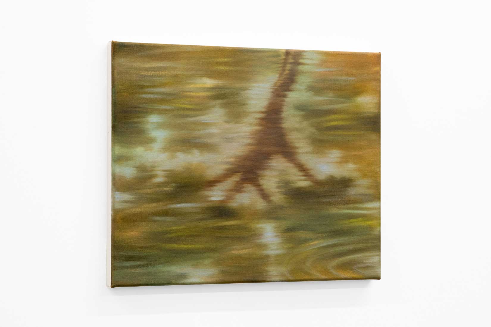 Painting of a tree canopy reflected in water.
