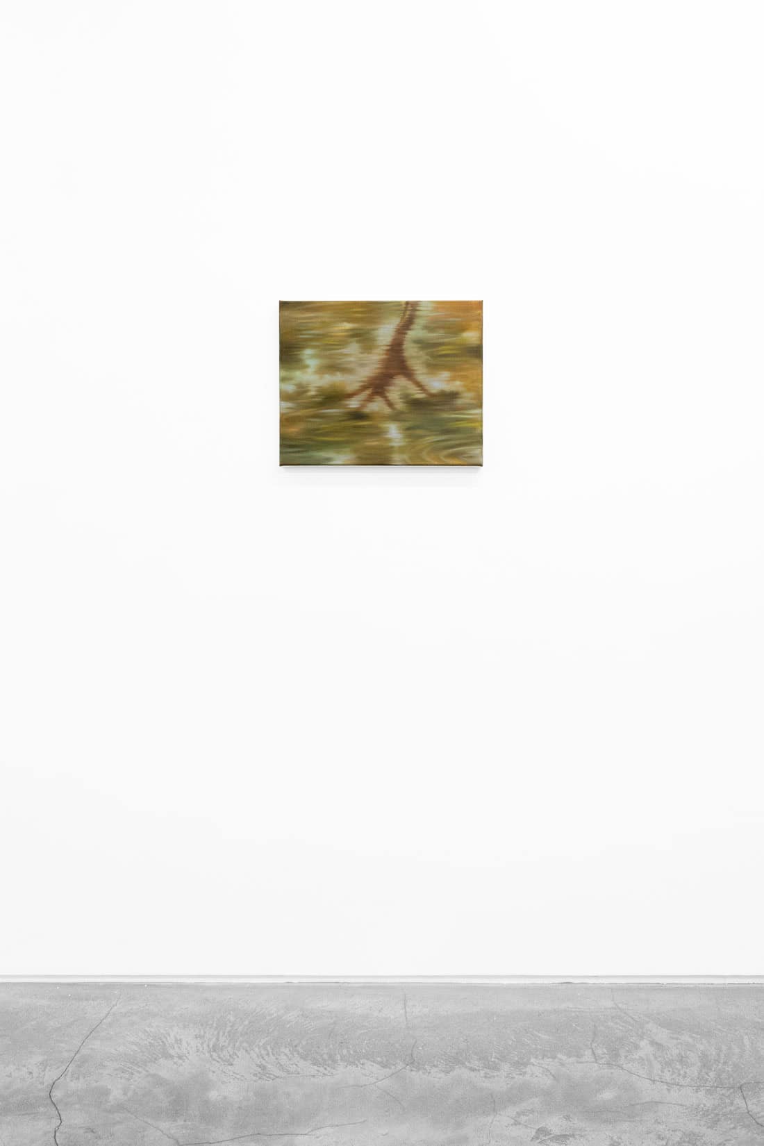 Painting of a tree canopy reflected in water.