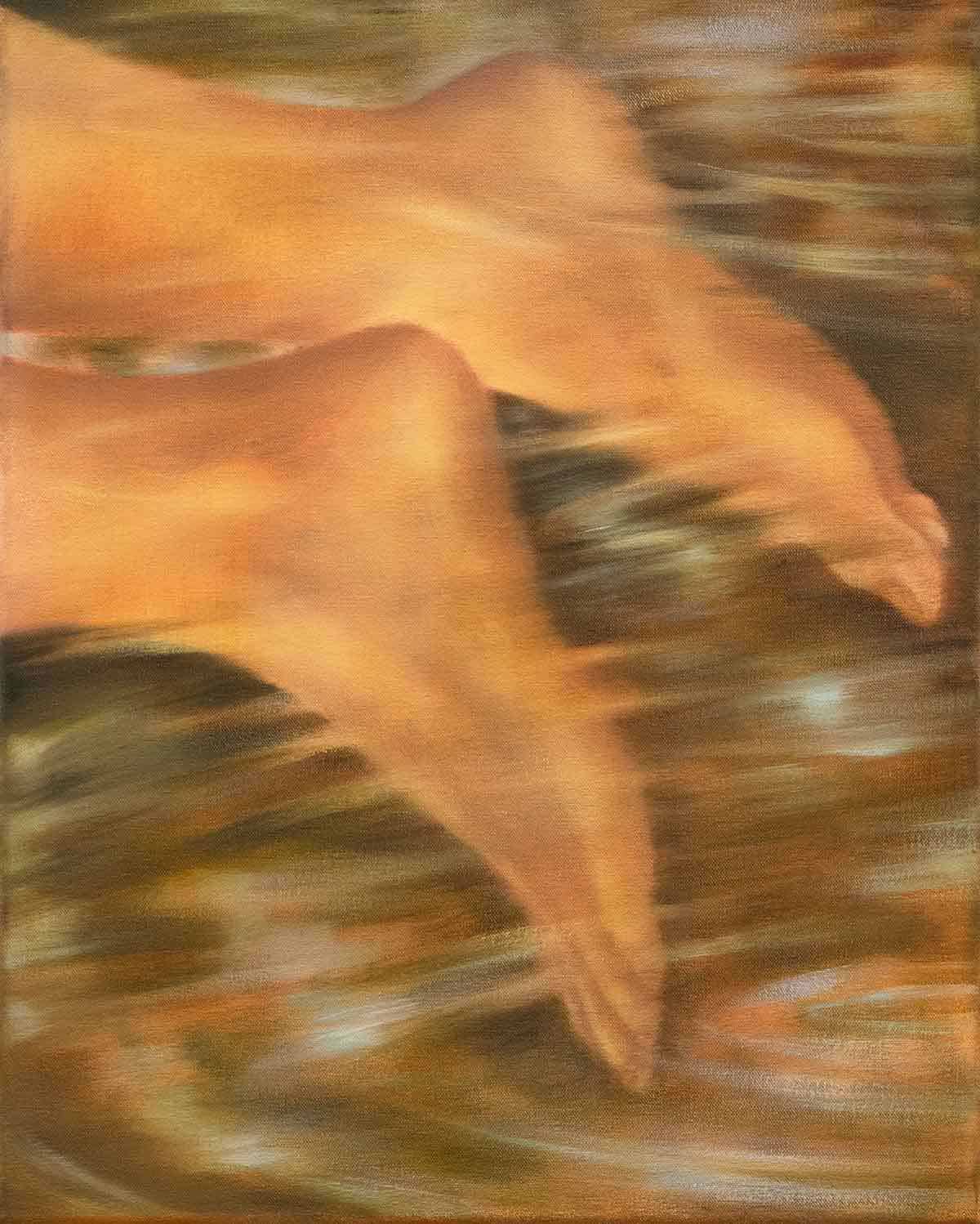 Painting of feet kicking beneath the surface of water.