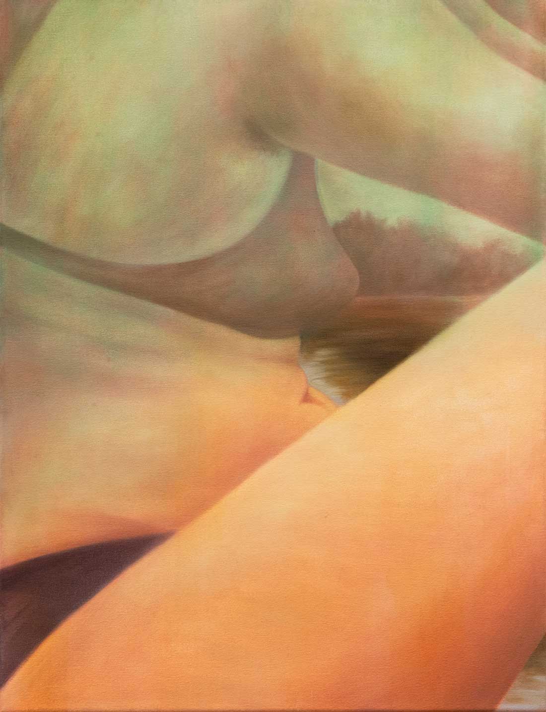 Painting of a person in a bikini sitting down.