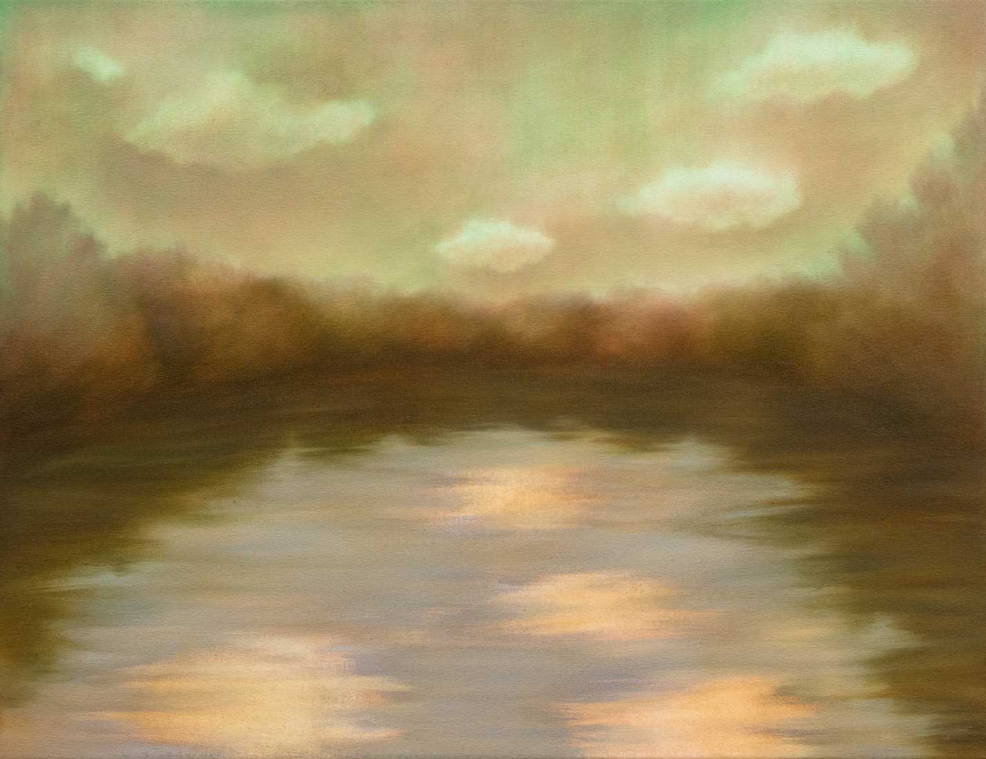 Painting of a pond surrounded by trees, reflecting clouds in the sky.