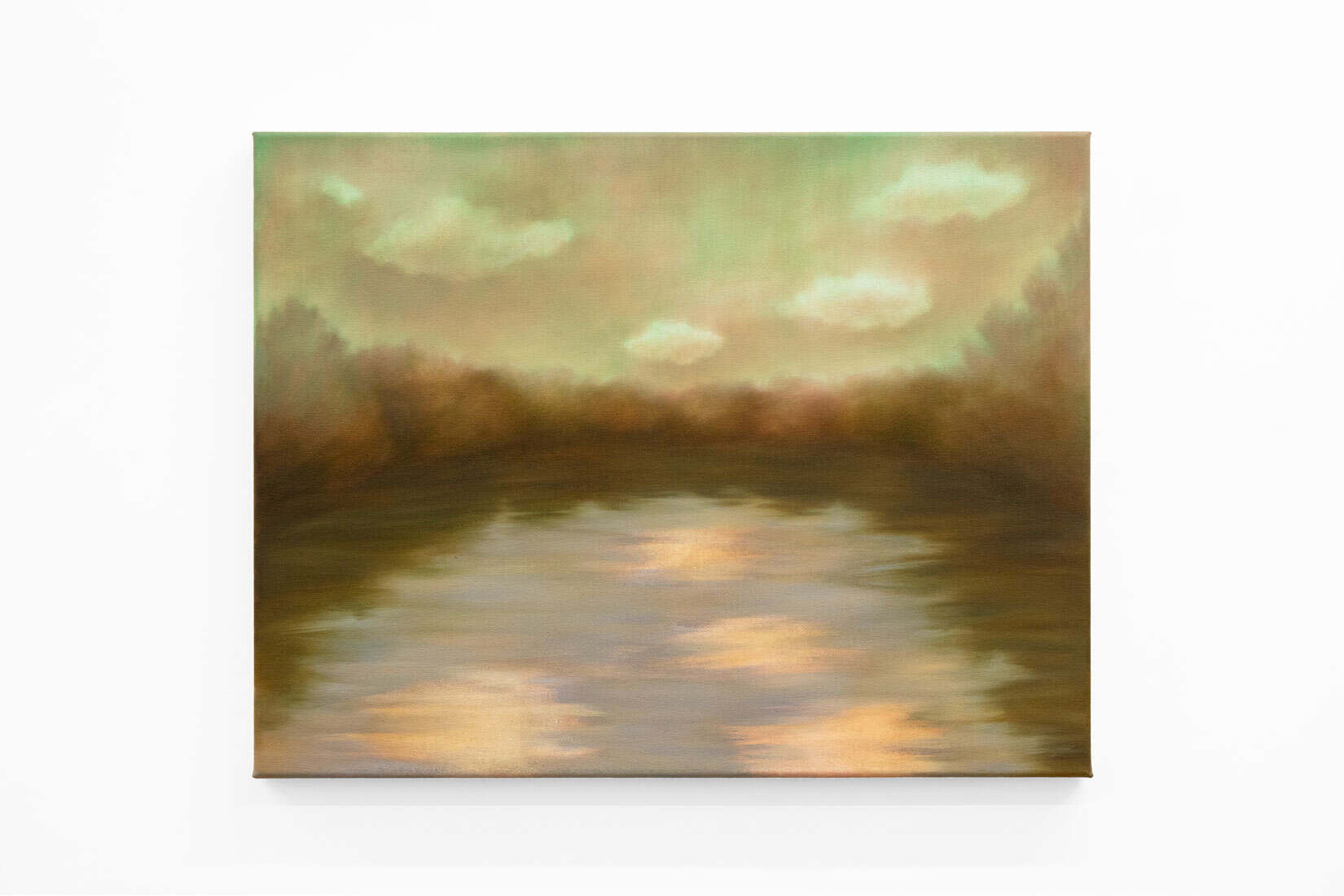 Painting of a pond surrounded by trees, reflecting clouds in the sky.
