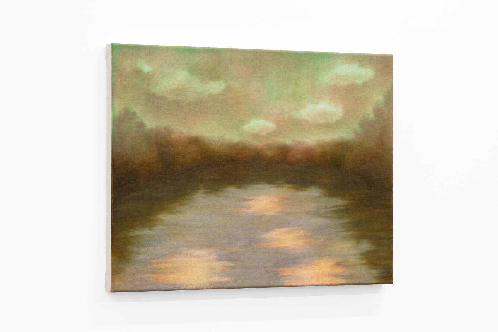 Painting of a pond surrounded by trees, reflecting clouds in the sky.