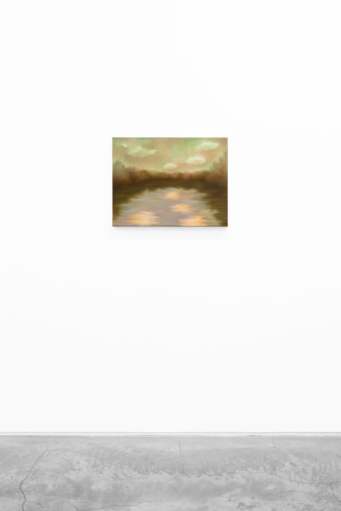 Painting of a pond surrounded by trees, reflecting clouds in the sky.