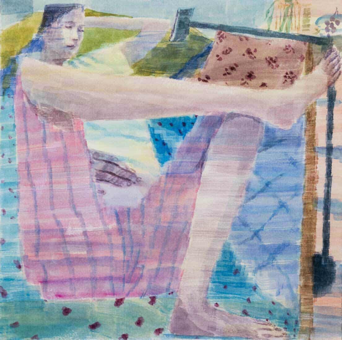 Watercolour painting of a person laying on a couch looking at a phone on a stand.