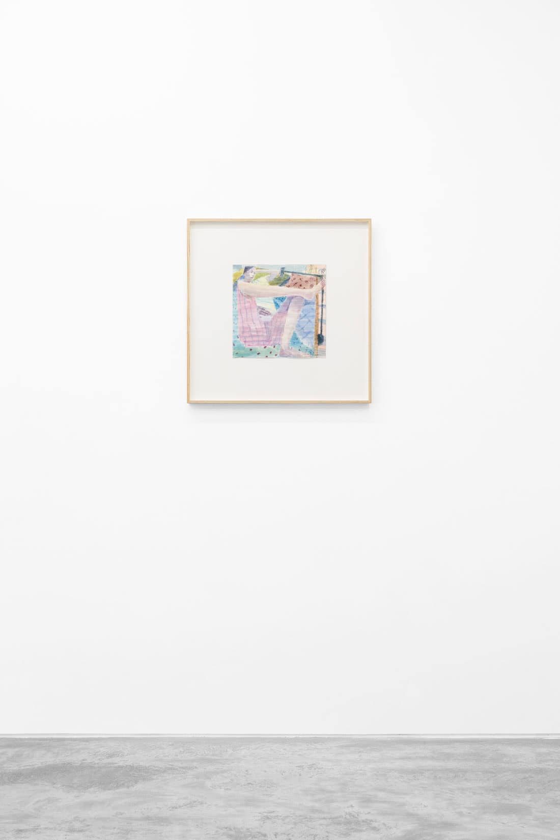 Watercolour painting of a person laying on a couch looking at a phone on a stand.