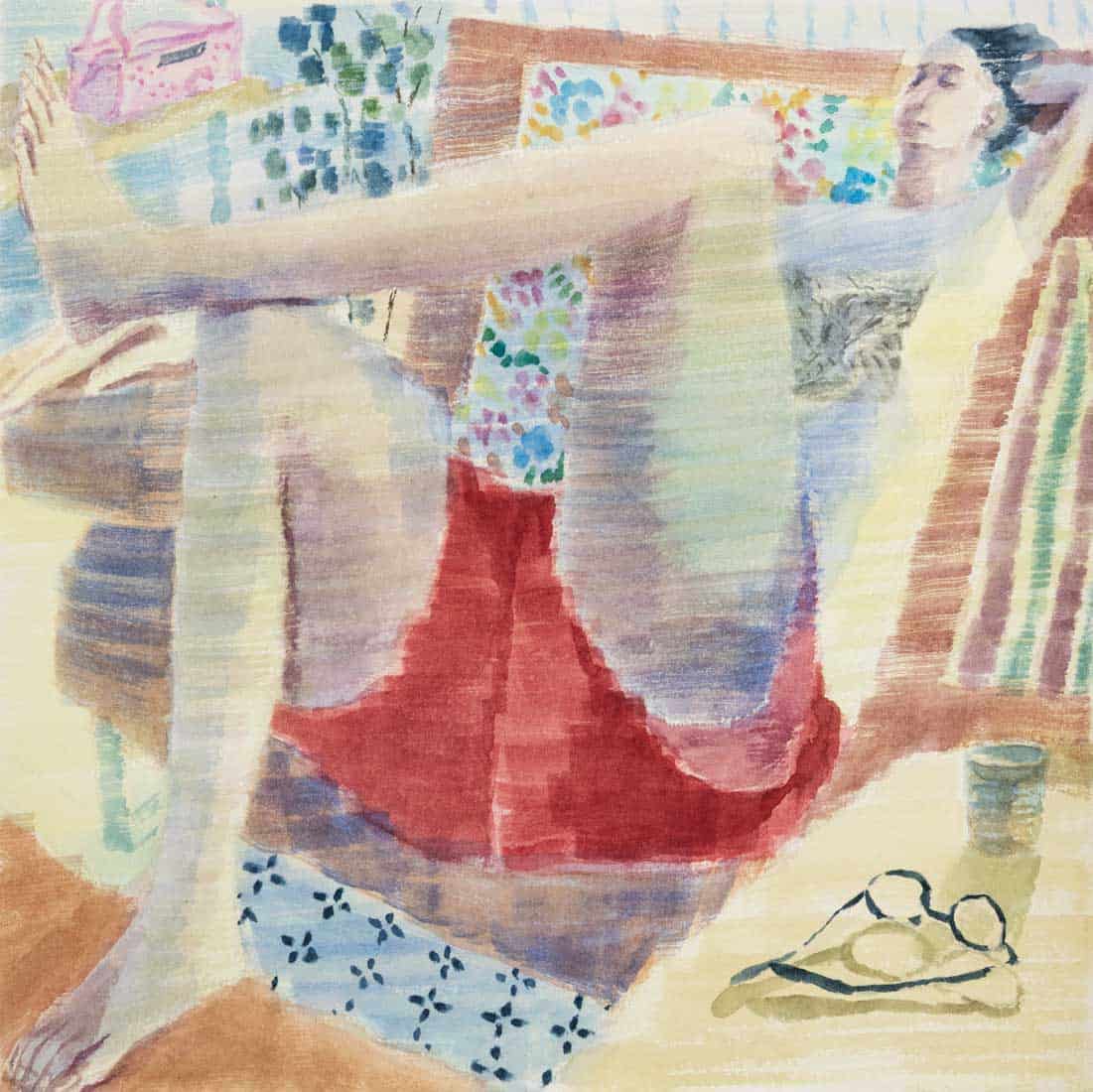 Watercolour painting of a person lying down on a couch.