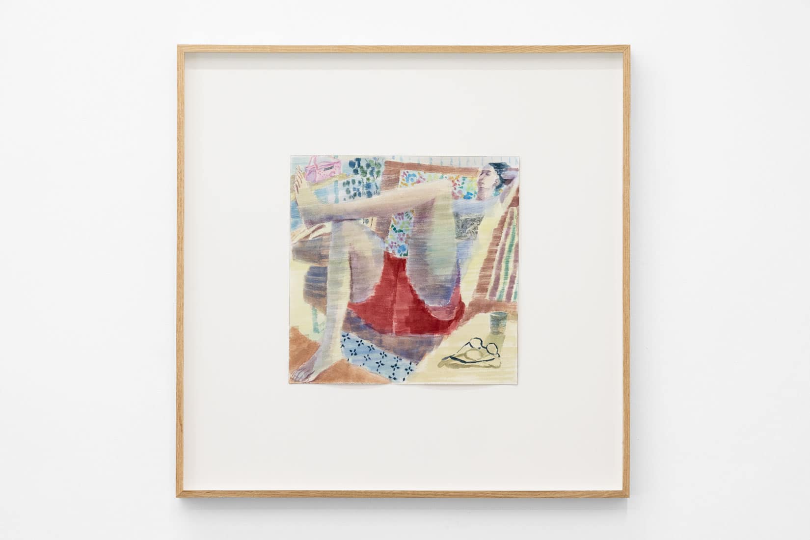 Watercolour painting of a person lying down on a couch.