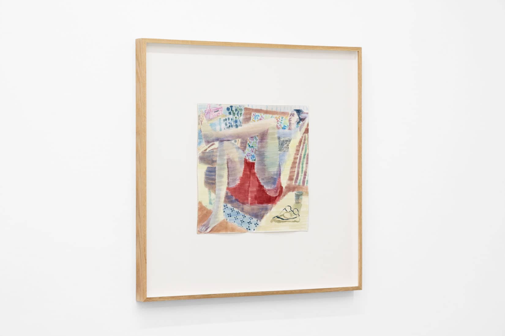 Watercolour painting of a person lying down on a couch.