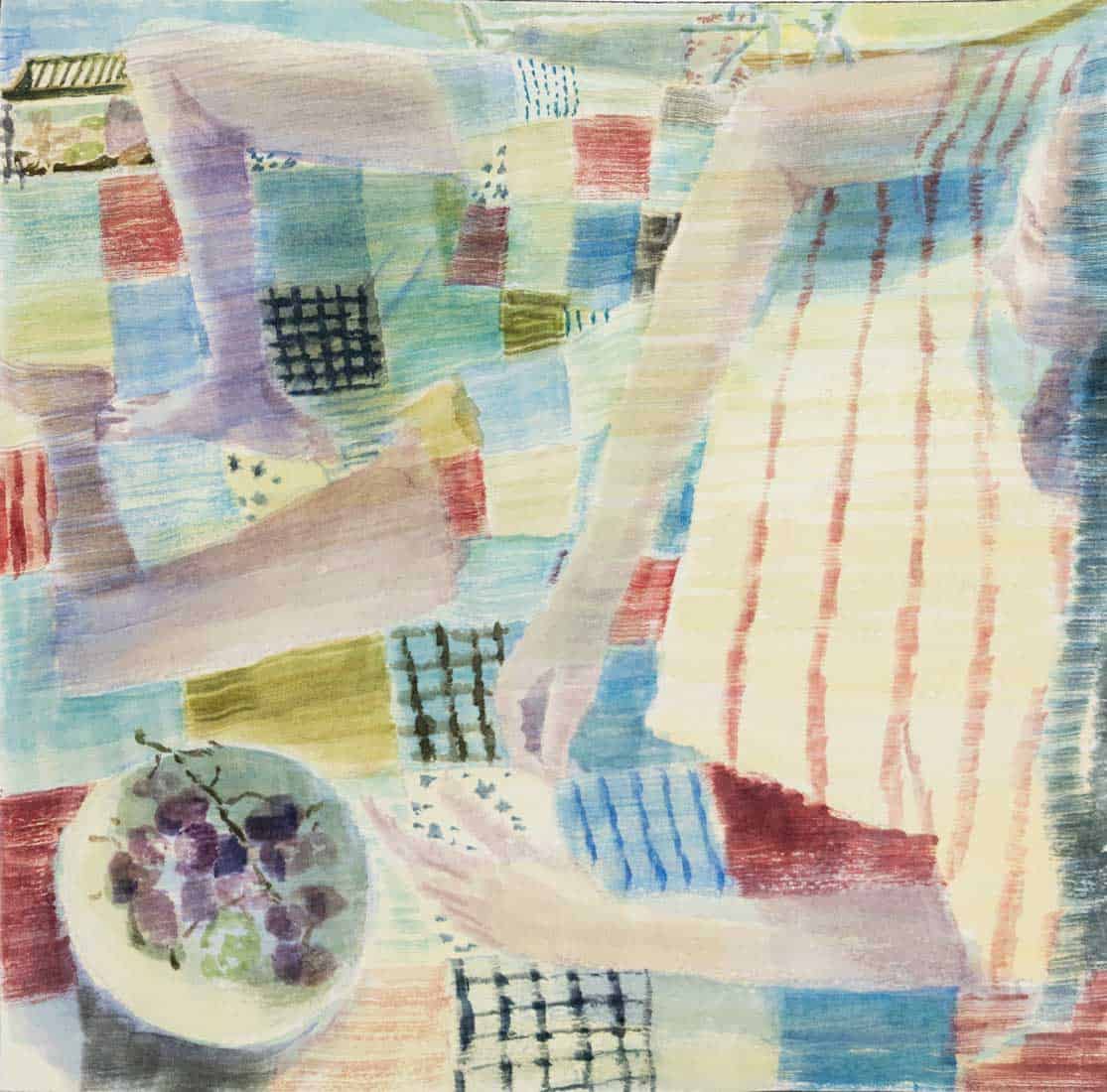 Watercolour painting of a person eating fruit on a quilted blanket.