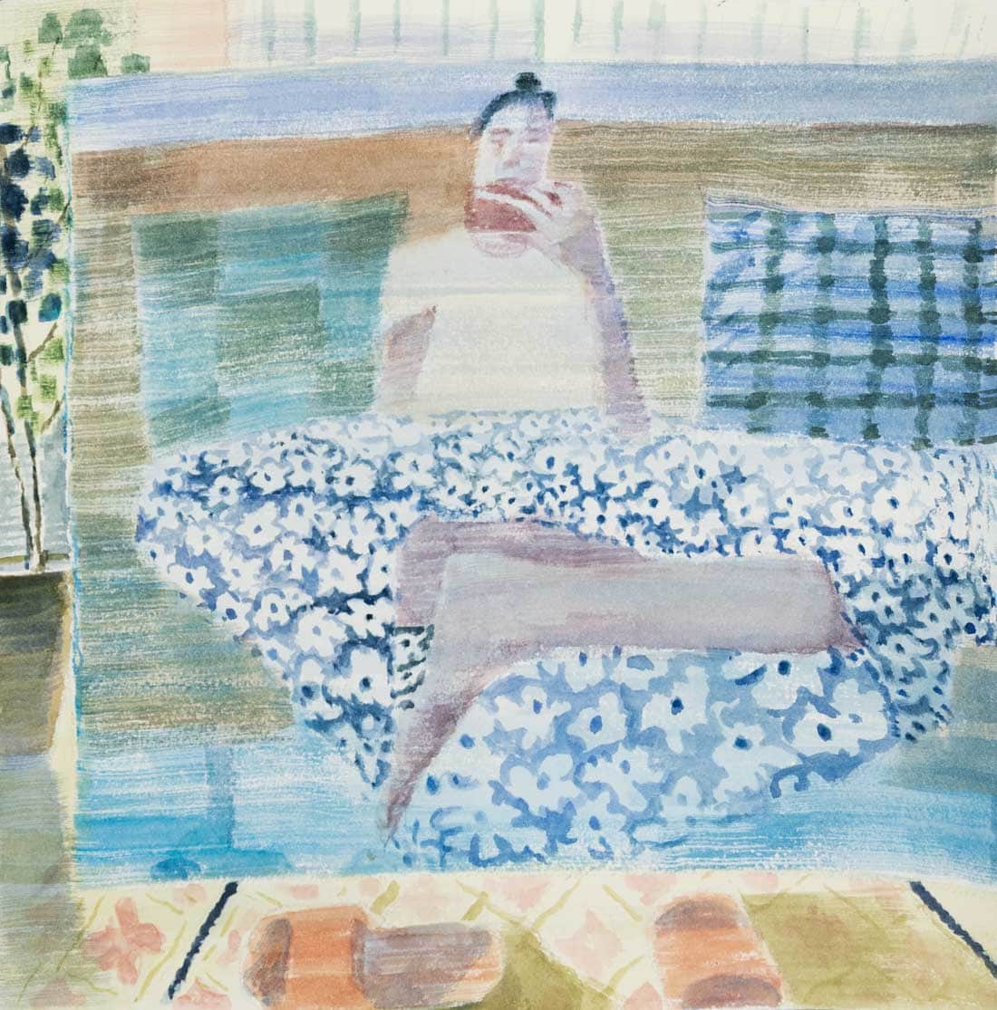 Watercolour painting of a person on a couch watching TV.