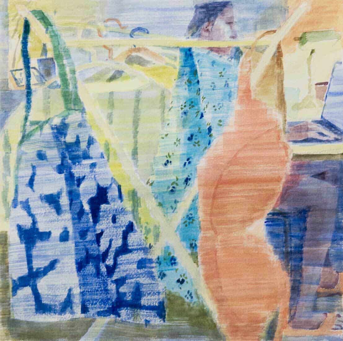 Watercolour painting of a person hanging laundry.