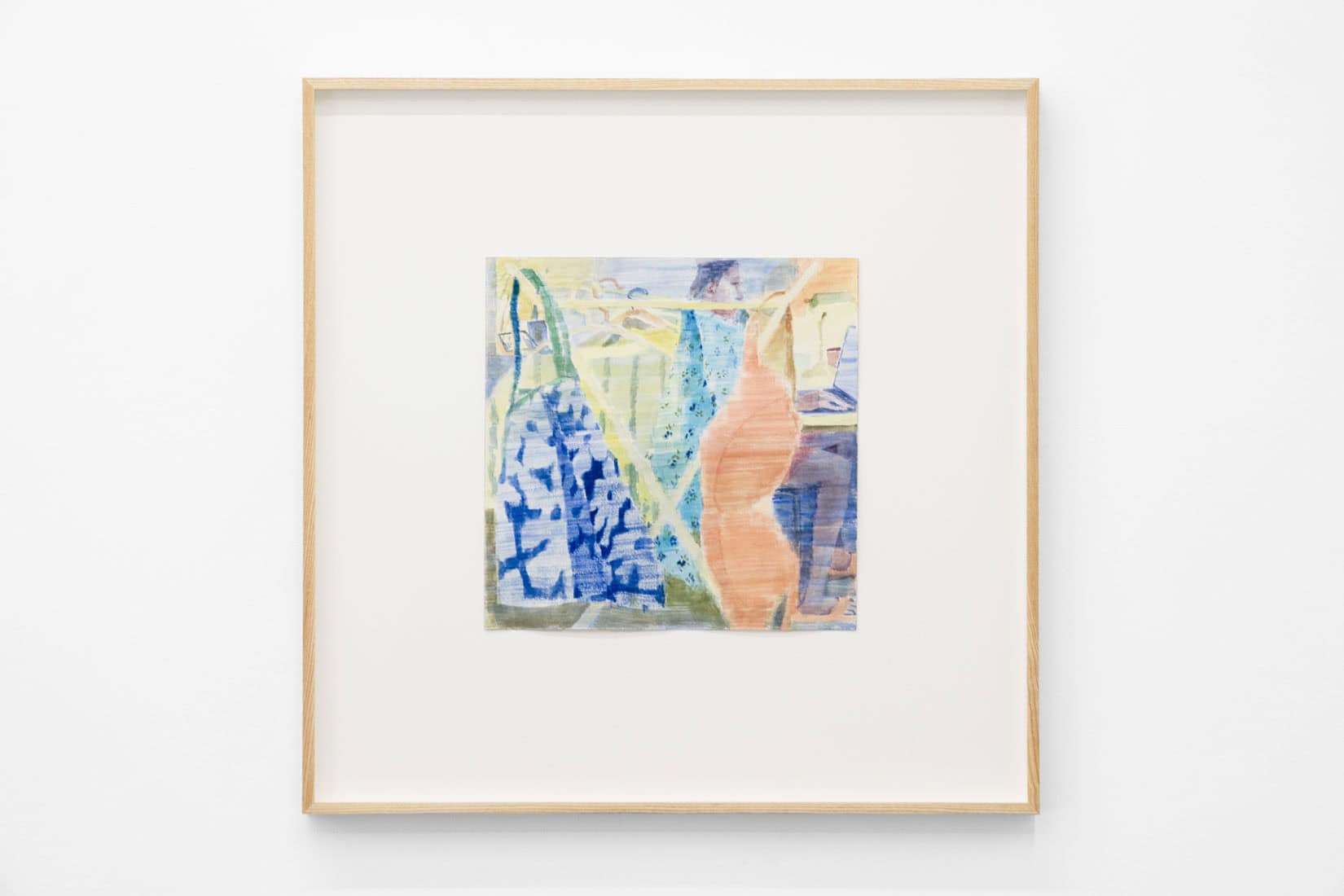 Watercolour painting of a person hanging laundry.