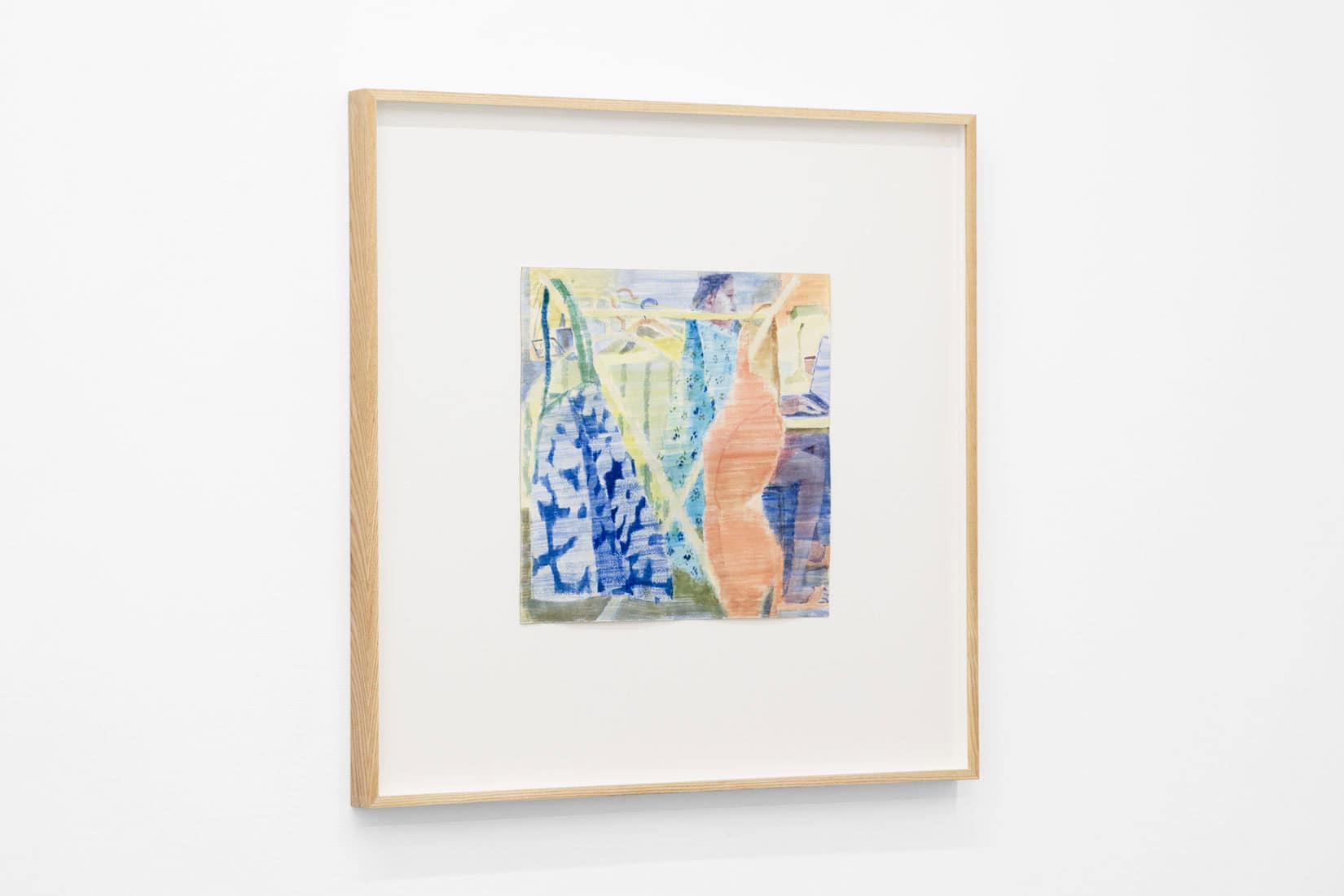 Watercolour painting of a person hanging laundry.