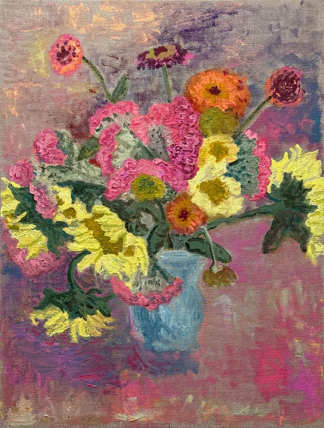 Painting of a blue vase with yellow, pink and orange flowers.