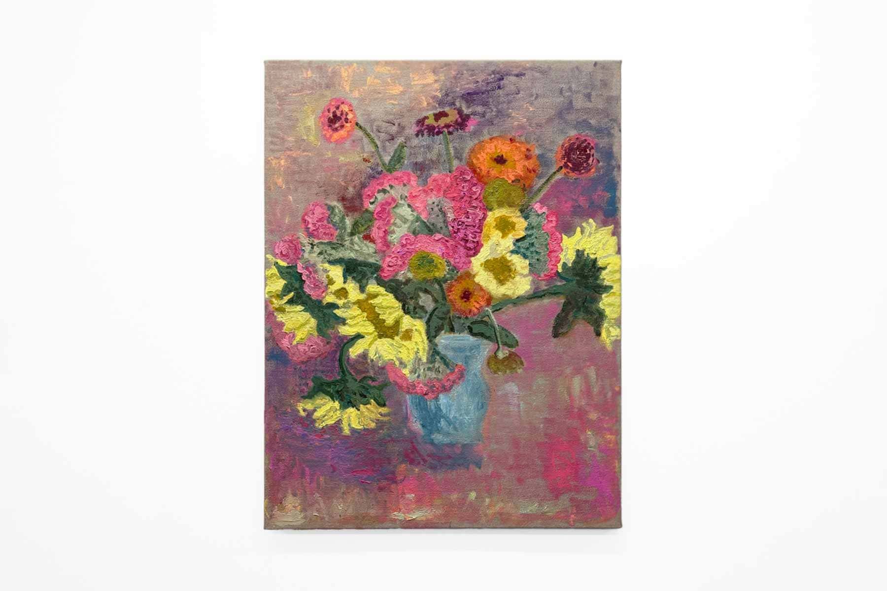 Painting of a blue vase with yellow, pink and orange flowers.