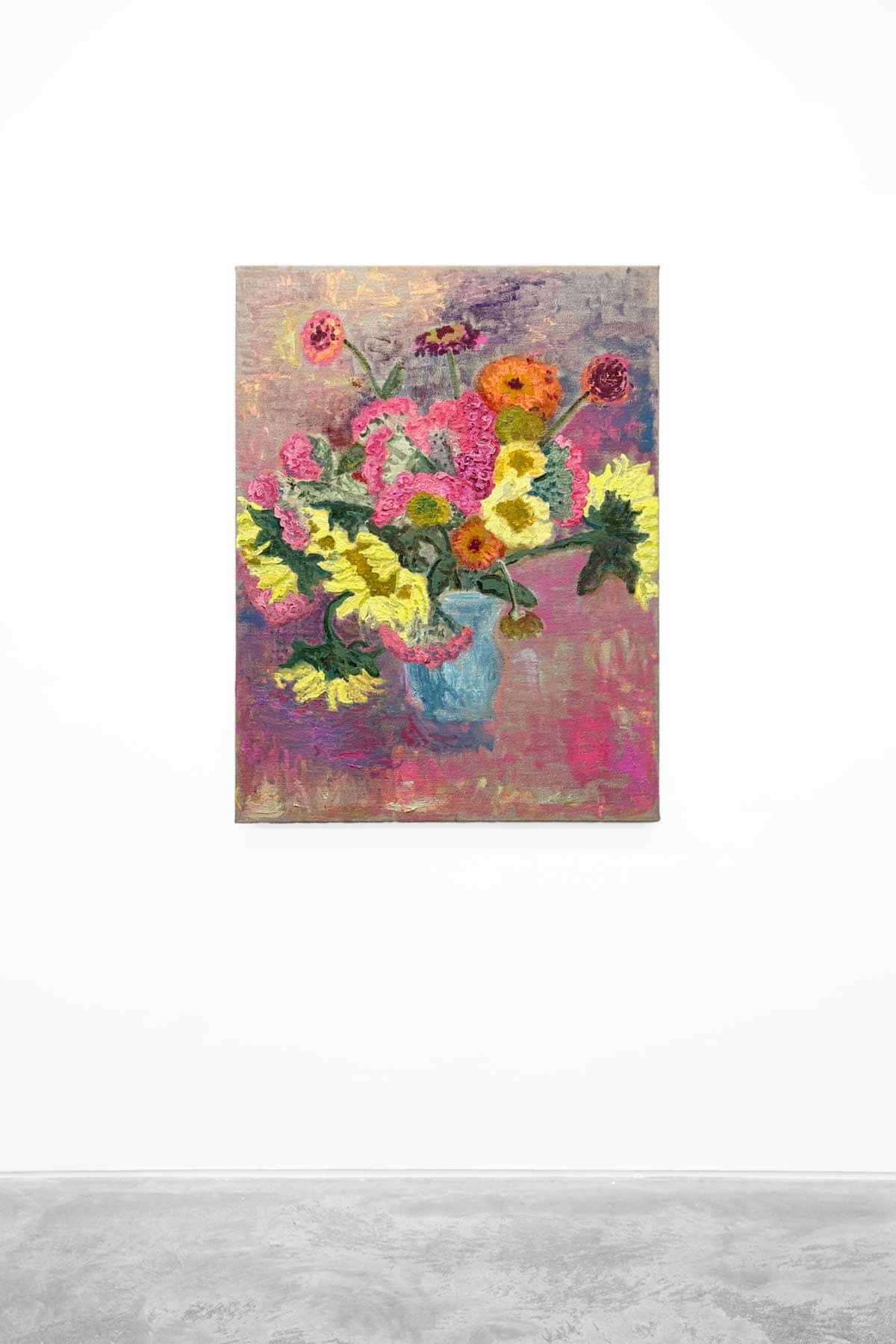Painting of a blue vase with yellow, pink and orange flowers.